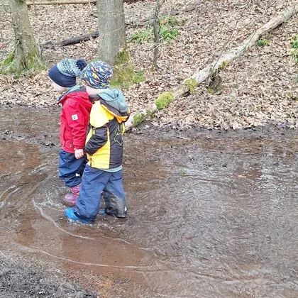 Zwei Kinder entdecken gemeinsam einen flachen Bach im Wald